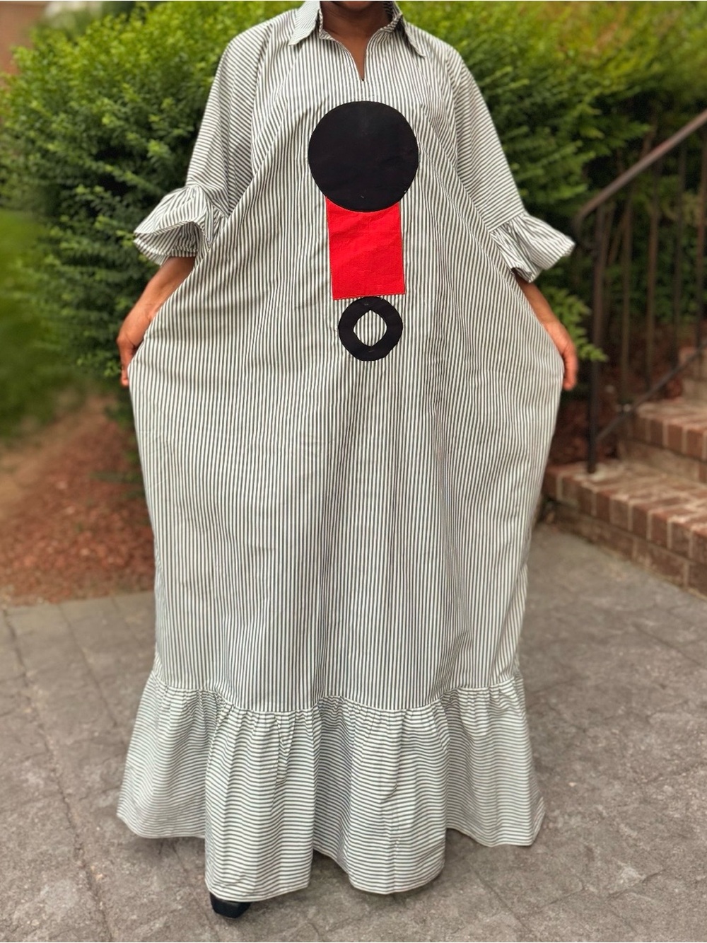 Striped Maxi Shirt Dress with Red & Black Geometric Detail